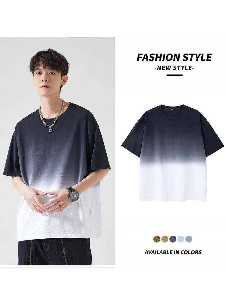 Men's Gradient Dyeing T-shirts 230Gsm Cotton Korean Vintage Street Style Oversized Tees Short Sleeve Loose Fit Basic Tops
