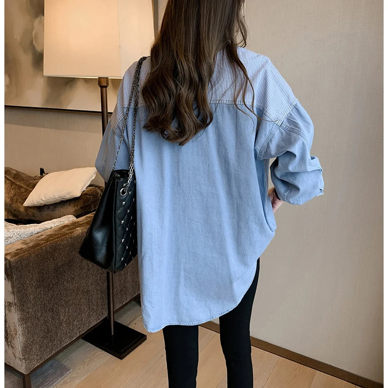 Womens' Splicing Striped Shirt Fashion Spring Autumn Versatile Thin Outerwears Korean Fashion Loose Blue Denim Jackets