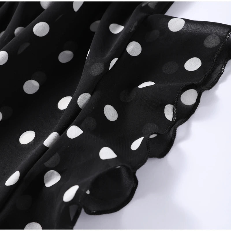 Retro Polk Dot Long Dress With Ribbon Women Sexy Low Cut Sleeveless Pleated Slim Evening Dresses Female Spring Chic Street Party