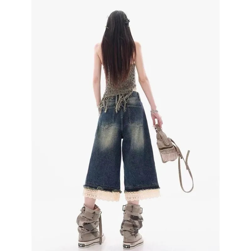 Summer Y2k Oversized High Street Spicy Girl Loose Wide Leg Cropped Pants Trendy American Washed Retro Sexy Lace Patchwork Jeans