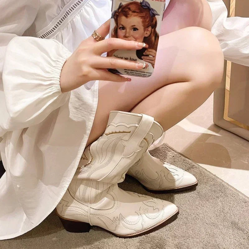 Women's Embroidered Western Mid Calf Boots Cowboy Square Heels Boots Pointed Toe Platform Boots Women Western Shoes Plus Size 42