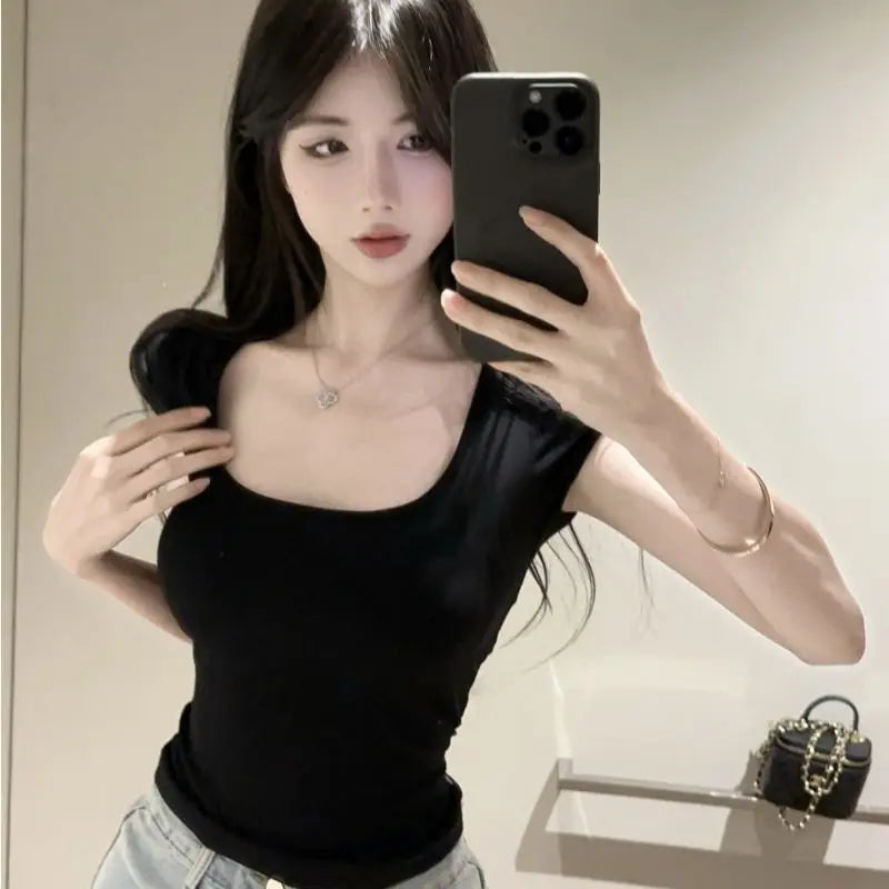 U-neck Short-sleeve T-shirt for Women Summer Slim-fit Sexy Sheer Mesh Fashionable Versatile Cropped Top