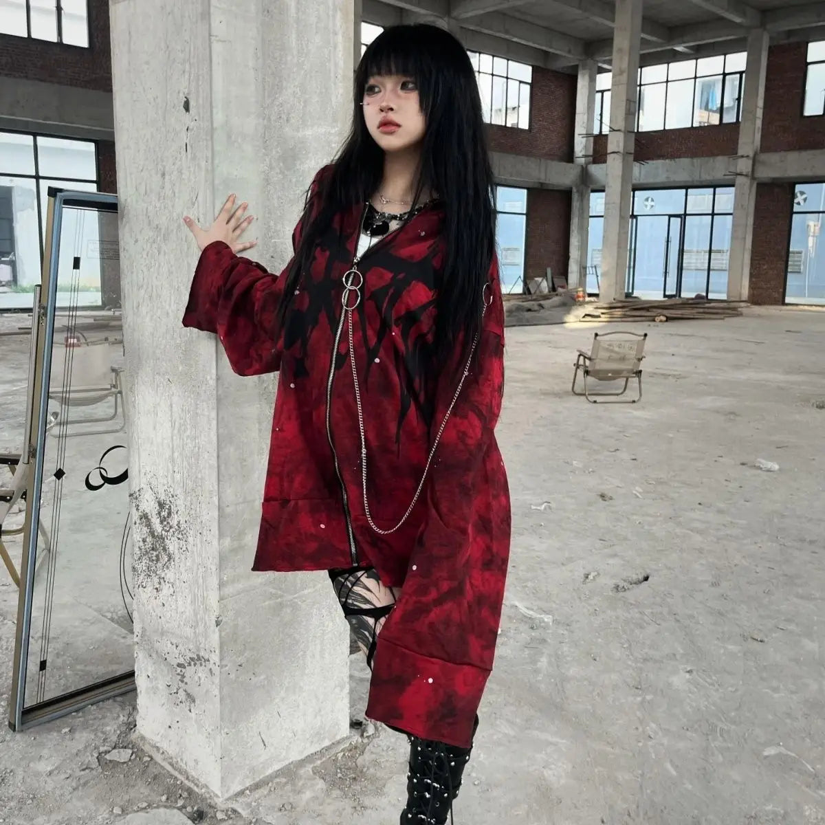 Y2k Aesthetic Printing Punk Hoodies Women Grunge Loose Pocket Oversized Hooded Hoody Harajuku Streetwear Emo Zipper Sweatshirts