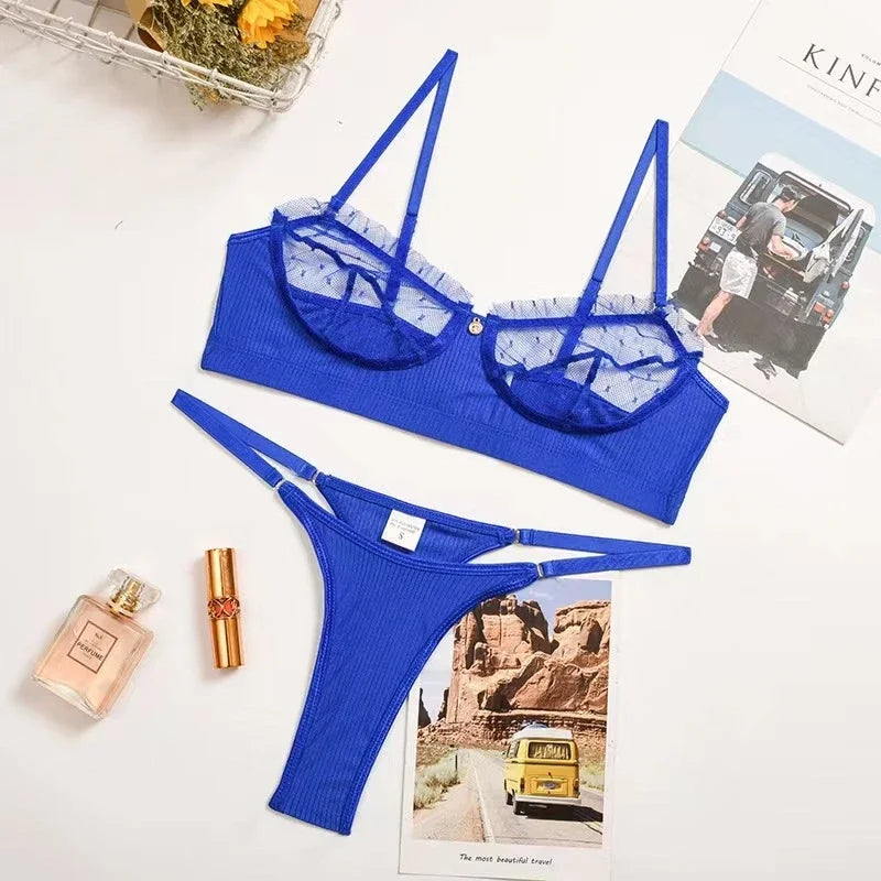 Ruffle Mesh Lace Lingerie 2 Piece Women Underwear Set Transparent Bras Panty Brief Sets White Sexy Lingerie Seamless Bra Set