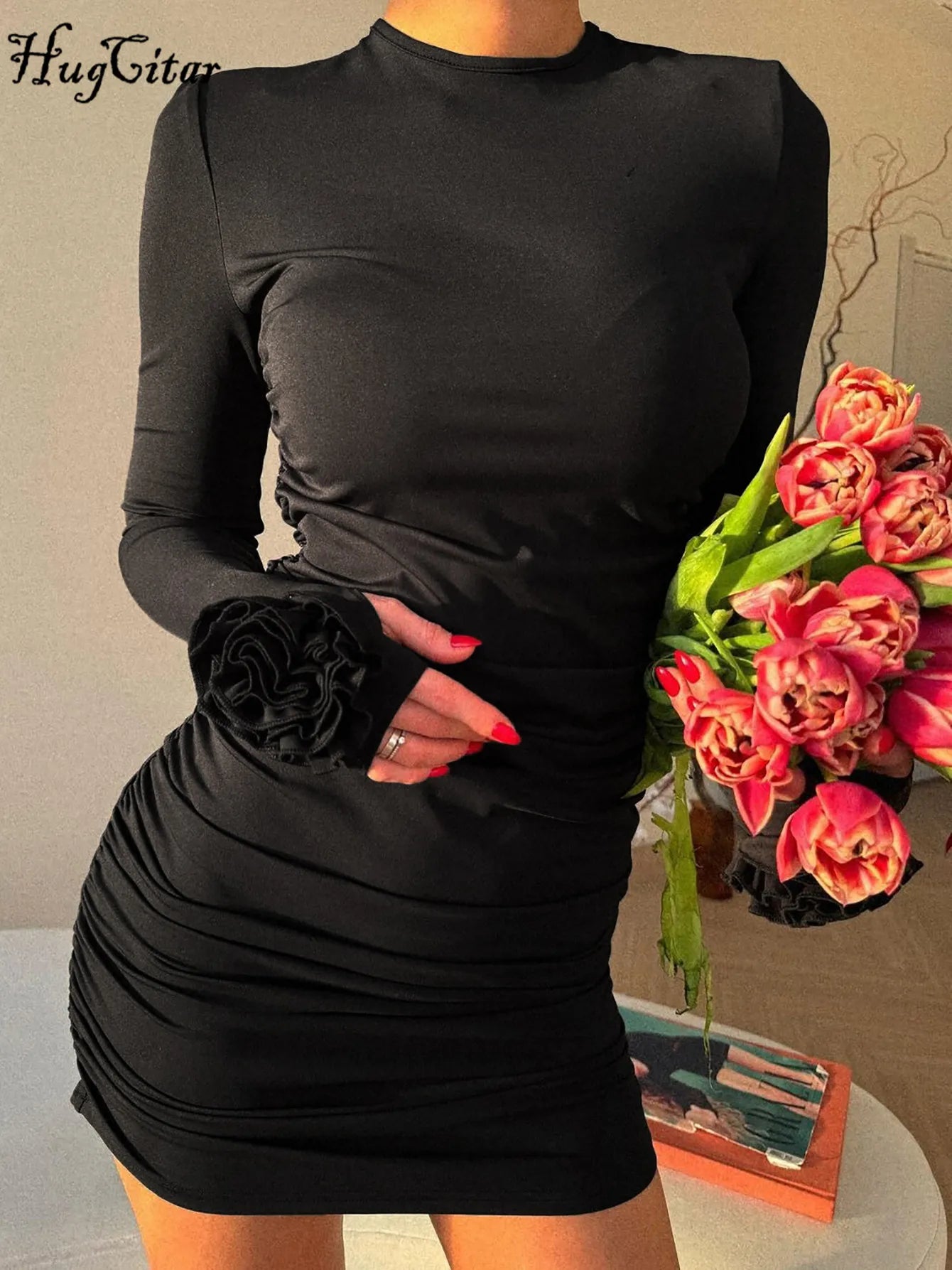 Hugcitar 2025 Elegant Solid Long Sleeve Tie Flowers Sexy Bodycon Pleated Mini Dress Spring Women Outfits Birthday Party Festival