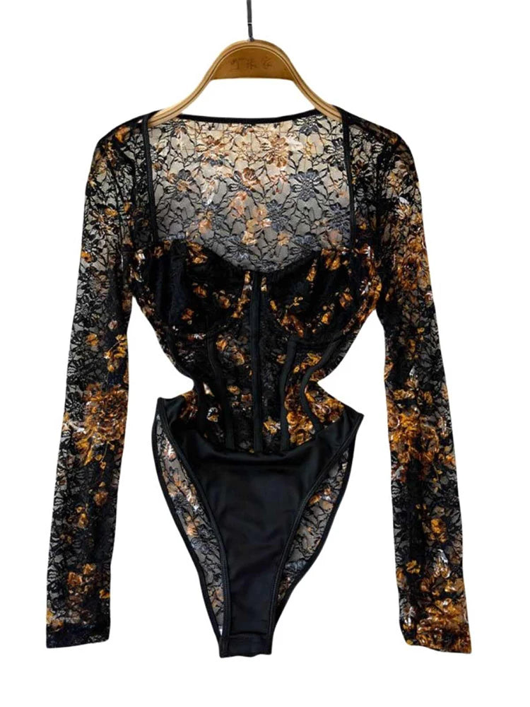 Women's Green Lace Jumpsuits Vintage Skinny Playsuits Harajuku Long Sleeve Square Collar Exotic Sexy Rompers Coquette Clothes