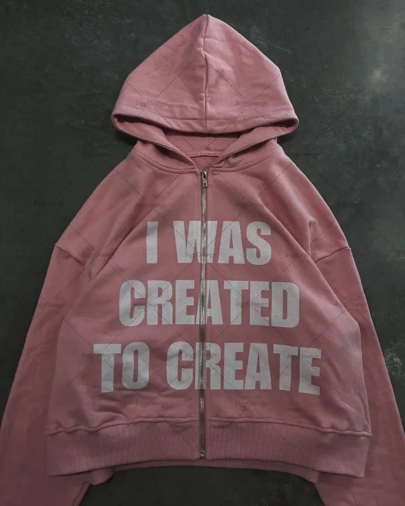 2025 Trendy Hip-hop Street Trend Brand Clothing Punk Style Letter Print Zipper Hoodie Men Pink Casual Retro Oversized Sweatshirt