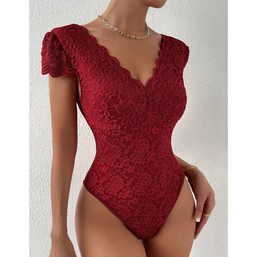 Women's Elegant White Lace Bodysuits Summer One Piece V-neck Jumpsuit Thongs Bodyshaper Tops Fashion Sexy Slim Fitted Shapewear