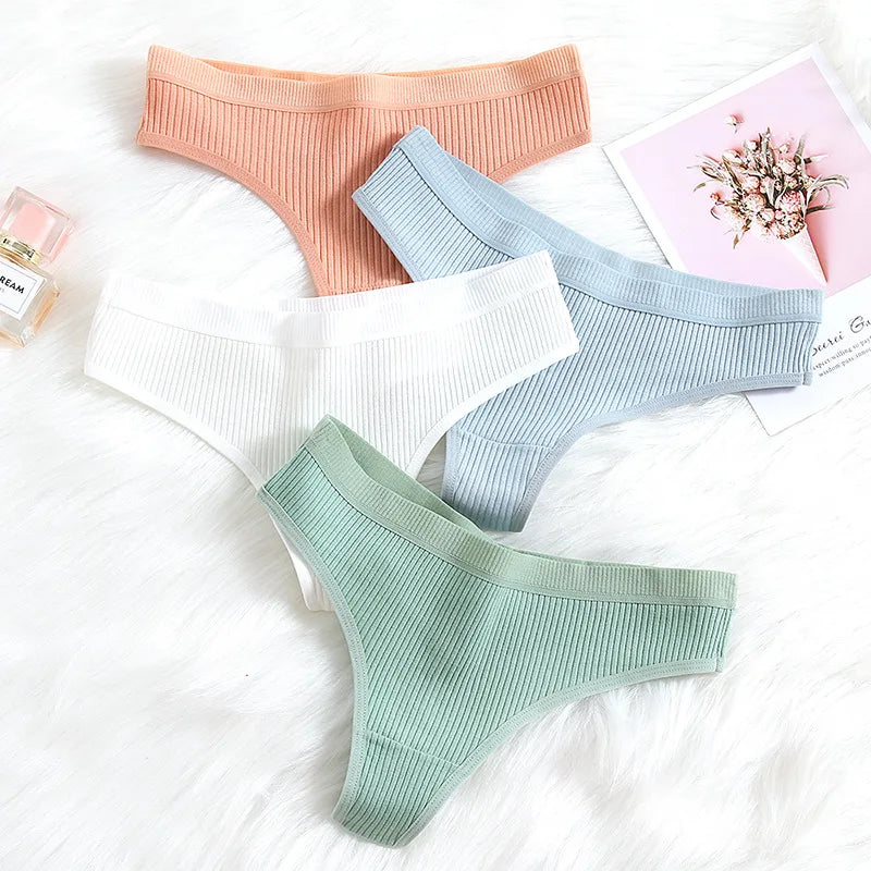 4Pcs Women's Panties Fashion Striped Thongs Soft Cotton Underwear Ladies Sexy Lingerie Sports Breathable G-Strings Cozy T-Back