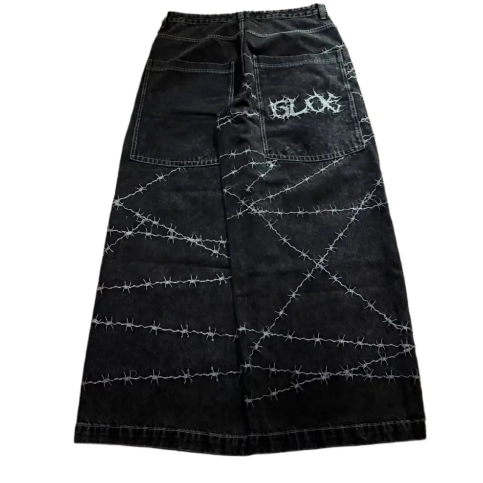 Jeans y2k high street hip hop loose wide-leg casual pants men's pants jeans street wear printed gothic style trousers hot sale