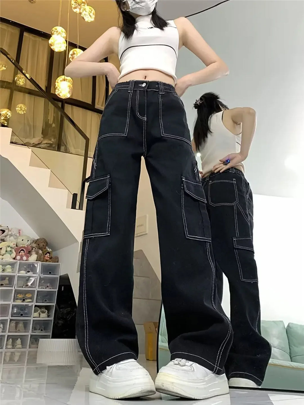 Jeans Women's Straight-leg Loose-fit Spring Autumn/winter 2024 New High-waisted Slimming Petite Wide-leg Cargo Pants