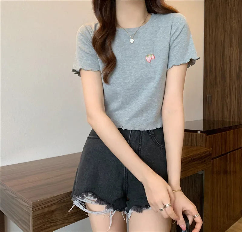Summer Embroidered Short T-shirt Women Wooden Edge Irregular Slim Short Sleeve Top Plant Pattern Fiber Fabric Elegant Style