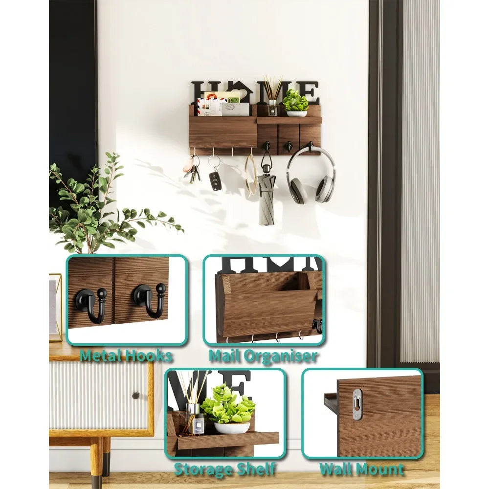 Key and Mail Holder for Wall, Wooden Key Holder and Mail Organizer for Wall Mount with 7 Hooks, Decorative Hanging Rustic Decor