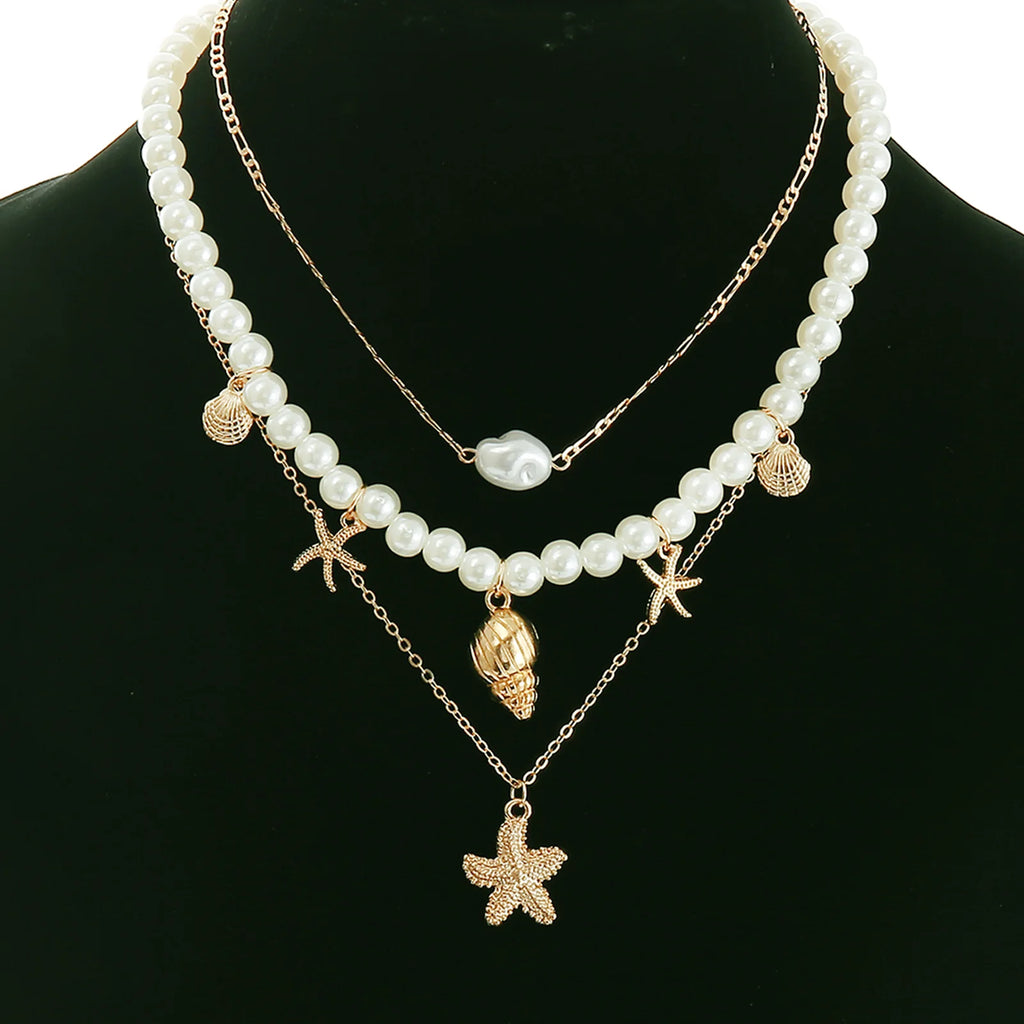 MHS.SUN Summer Shell Starfish Conch Pendant Necklace for Women Bohemian Metal Gold Color Chic Beach Jewelry Vacation Party Gift
