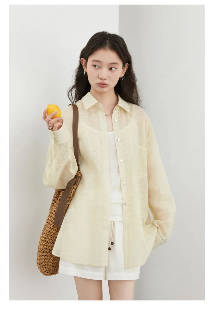 CHIC VEN New Women Shirt Retro Loose Casual Single Breasted Long Sleeve Back Slit Thin Transparent Female Blouses Summer 2025