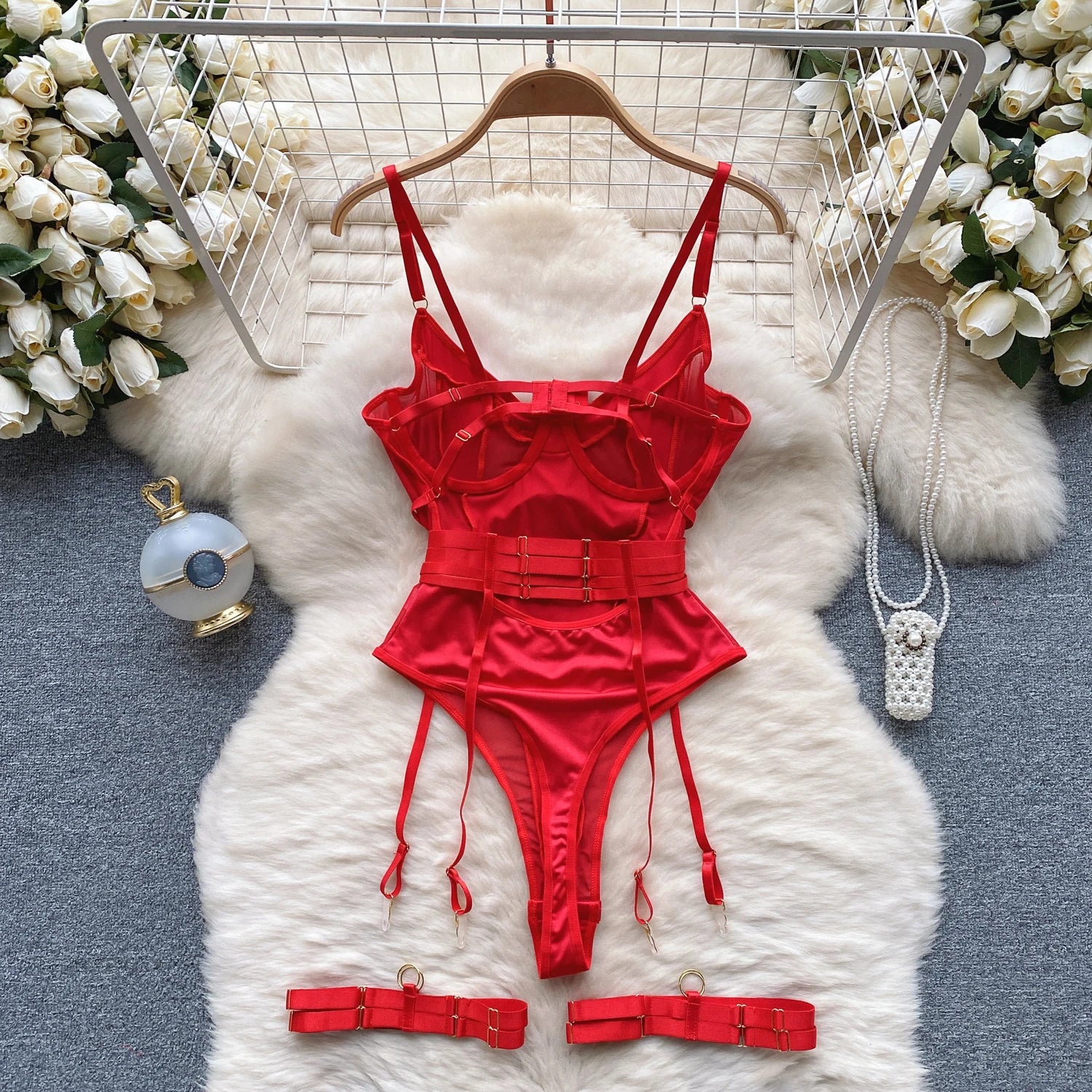 Women Hotsweet Mesh Vintage Straps Bodysuits Chic Patchwork Jumpsuits Slim Bandage Top with Leg Rings Rompers Summer Clothing