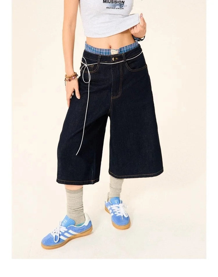 Summer High Street Letter Printing Washing Denim Shorts Men and Women American Retro Casual Loose Straight Cropped Pants Trendy