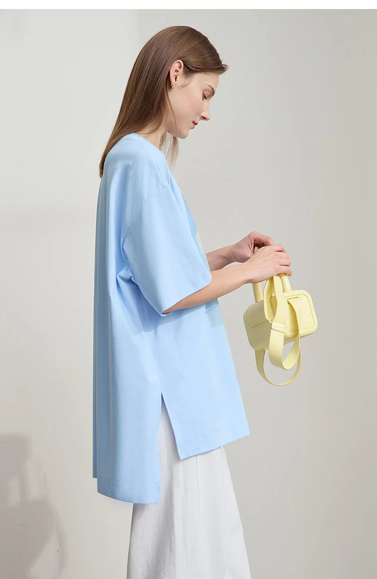 Amii Minimalist Summer T-shirt Women Irregular Design Tops Casual O-neck Abstract Print Loose Dropped Shoulder T-shirt 12522081