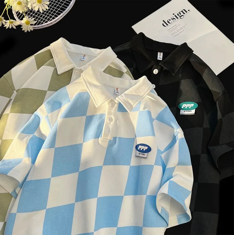 Vintage Preppy Style American Fashion Polo Shirt Men's Half Sleeve Casual Lapel Checkered Pattern T-shirt For Summer
