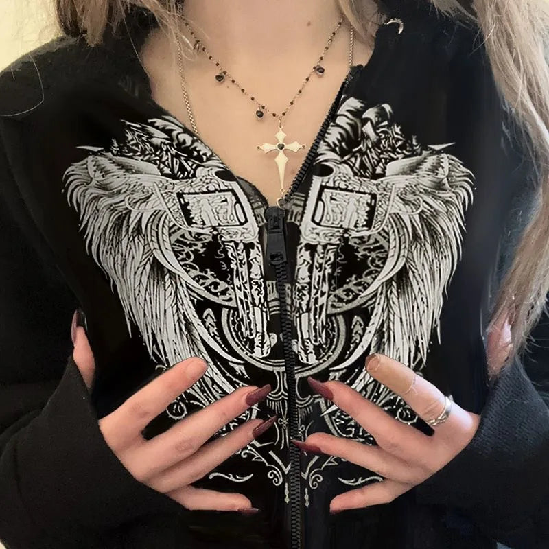 New gothic rhinestone print hip hop Harajuku zipper hoodie American retro design classic punk slim hottie black jacket y2k