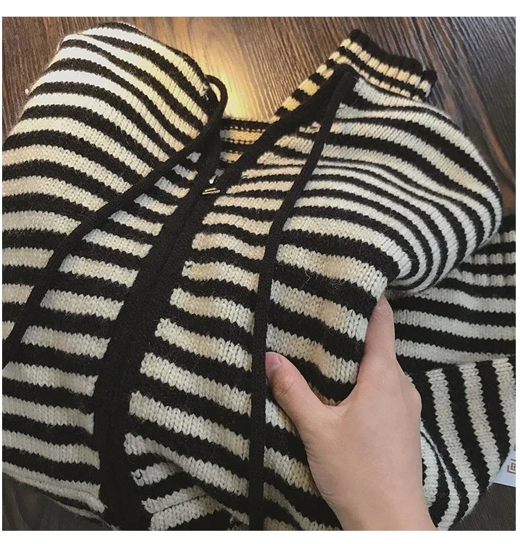 Contrast Color Stripe Hood Knit Cardigan Women Autumn and Winter New Loose Design Sense Long Sleeve Cardigan Sweater Outerwear