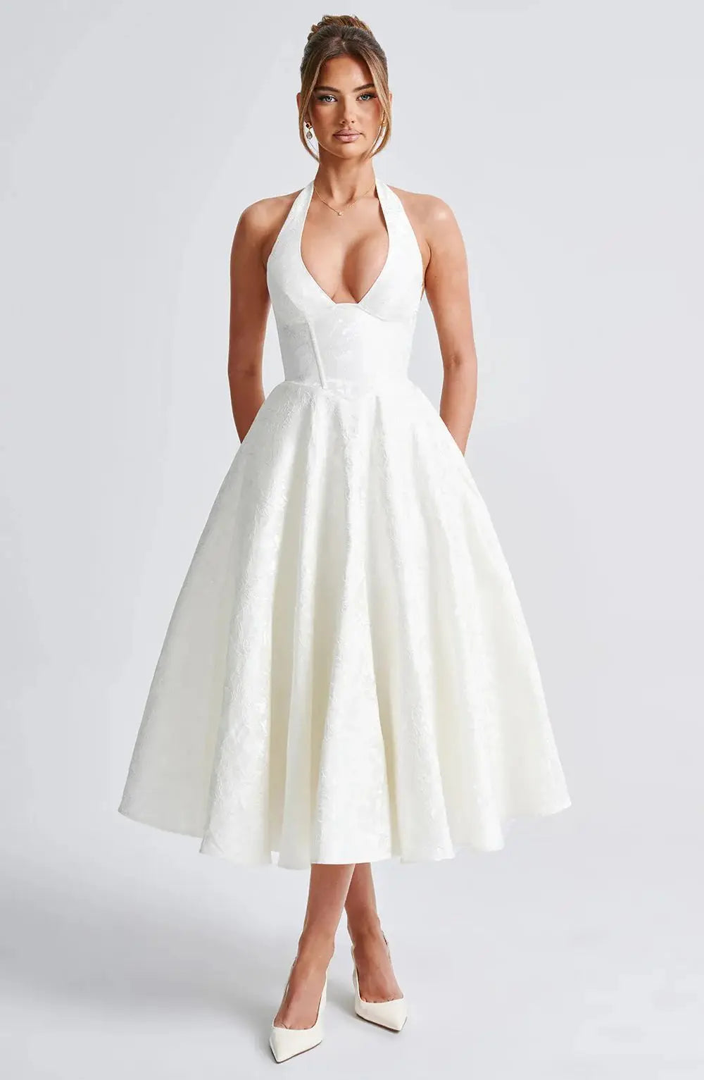 NIDANSSI White Jacquard Pleated Evening Party Dress Women Robes Backless Elegant Sexy Dress Bodycon Long Summer Dress Vestidos