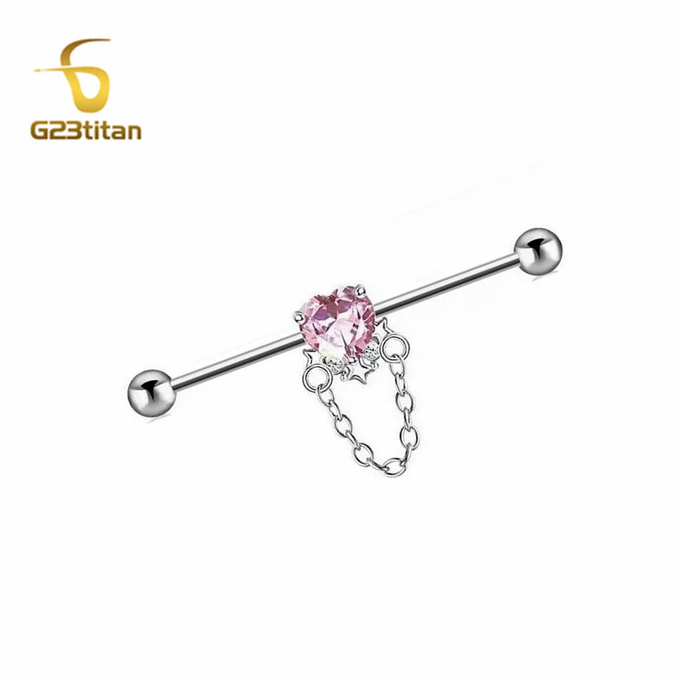 14G Titanium Industrial Barbell Dangling Chain Pink CZ Zircon Heart Star Ear Cartilage Helix Earring Women Girl Piercing Jewelry