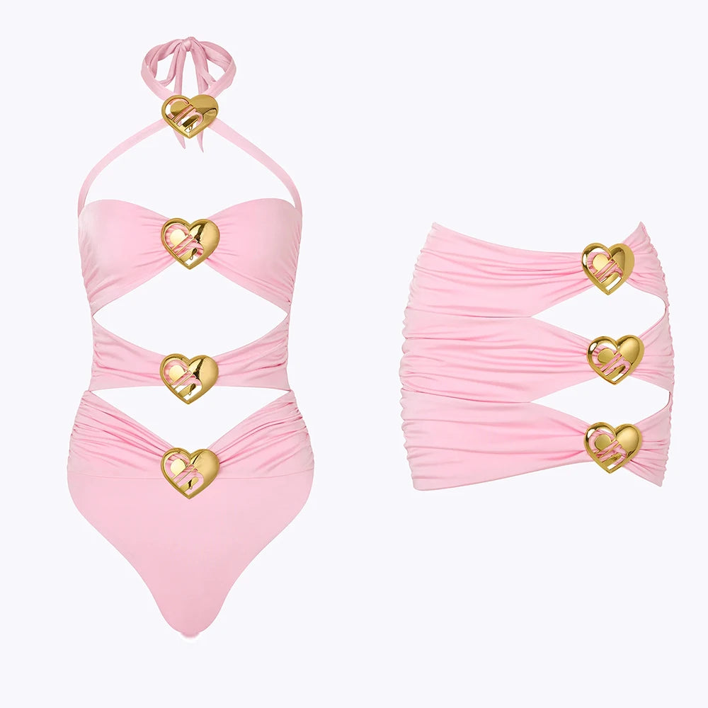 2024 Sexy Heart Cut out One Piece Swimsuit and Skirt Swimwear Women Bodysuit Monokini High Leg Swim Suit Bathing Suit Beachwear