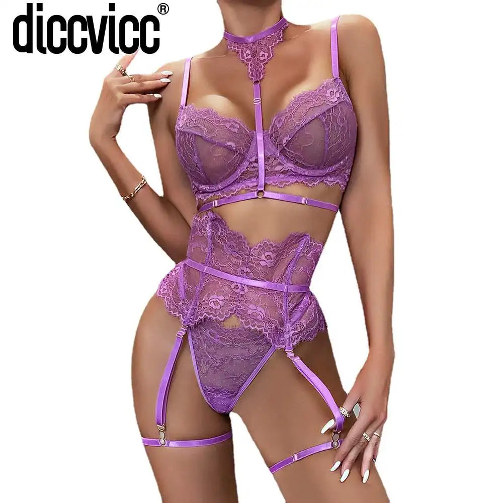 Diccvicc Beautiful Lingerie Eyelash Elegant Transparent Lace Bra Panty Set Floral Embroidery Women Sexy Underwear Exotic Outfit