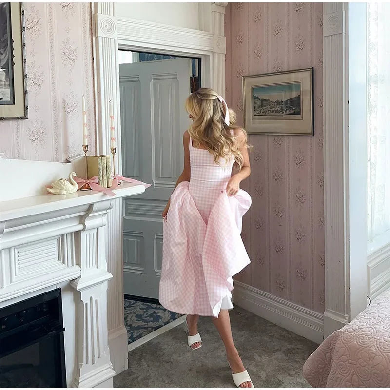 Women Fashion Plaids Pleated High Waist A-line Dress Elegant Sleeveless Backless Slim Long Dresses Summer New Party Streetwear