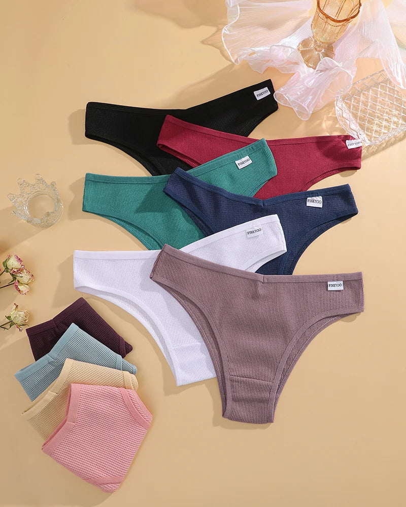 6PCS/SET Women's Waffle Cotton V-Waist Panties Multi-Color High Elasticity Brazilian Bikini Lingerie Set Sexy Female Underwear