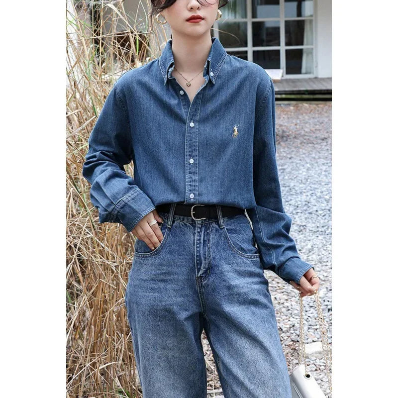 2024 American Style Vintage Denim Shirt Women's Zhengxiu Crystal Same Style Small Horse Embroidery Casual Jacket Shirt