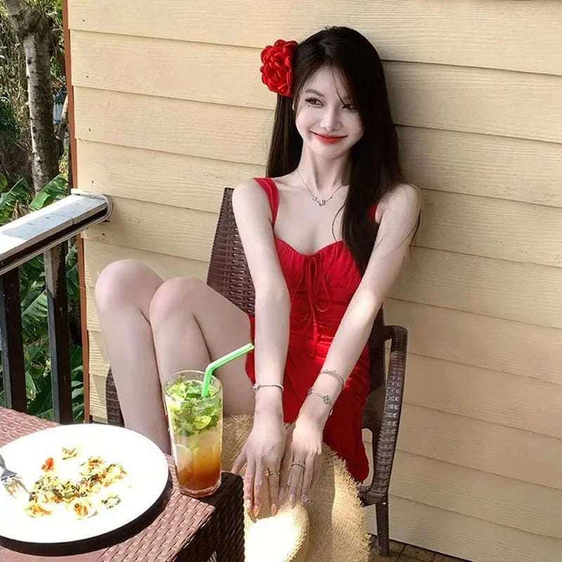 Summer 2024 New Women's Swimsuit: White-Stylish Beach Vacation Dress-Style Thermal Spring Swimwear Red Dress