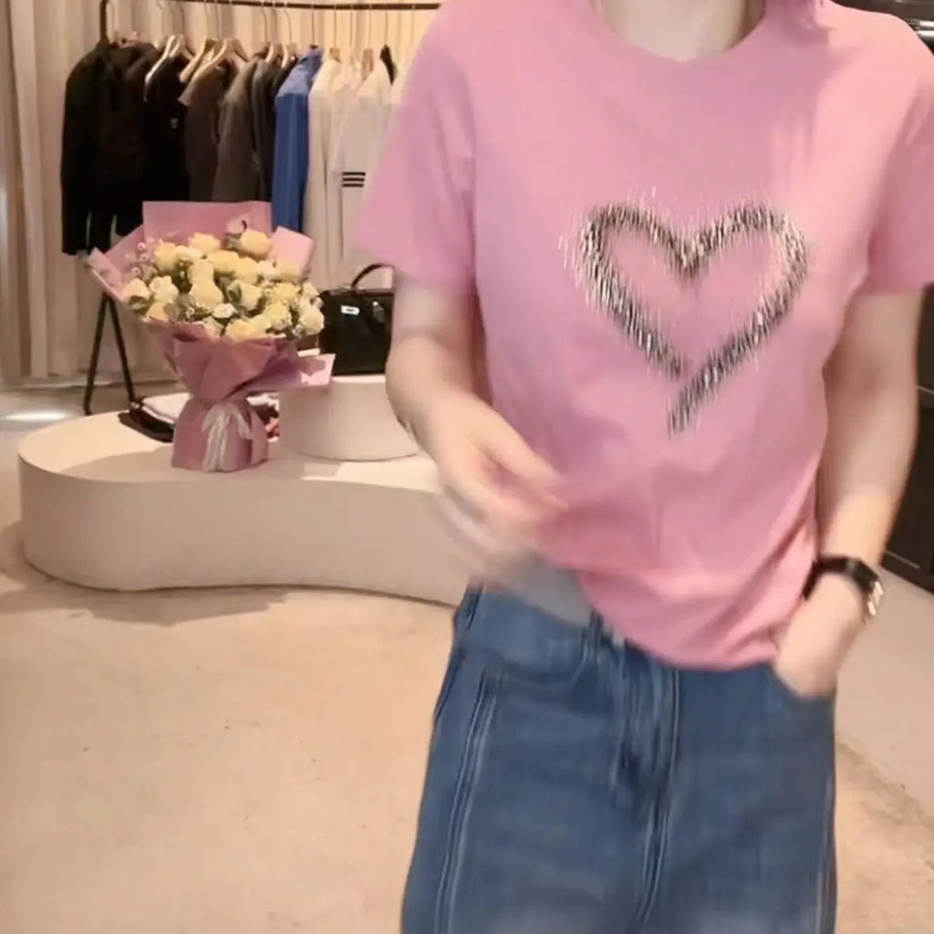 Pure Cotton Round Neck Short Sleeve Diamond Heart Print Tshirt Women Loose Casual Elegant Top