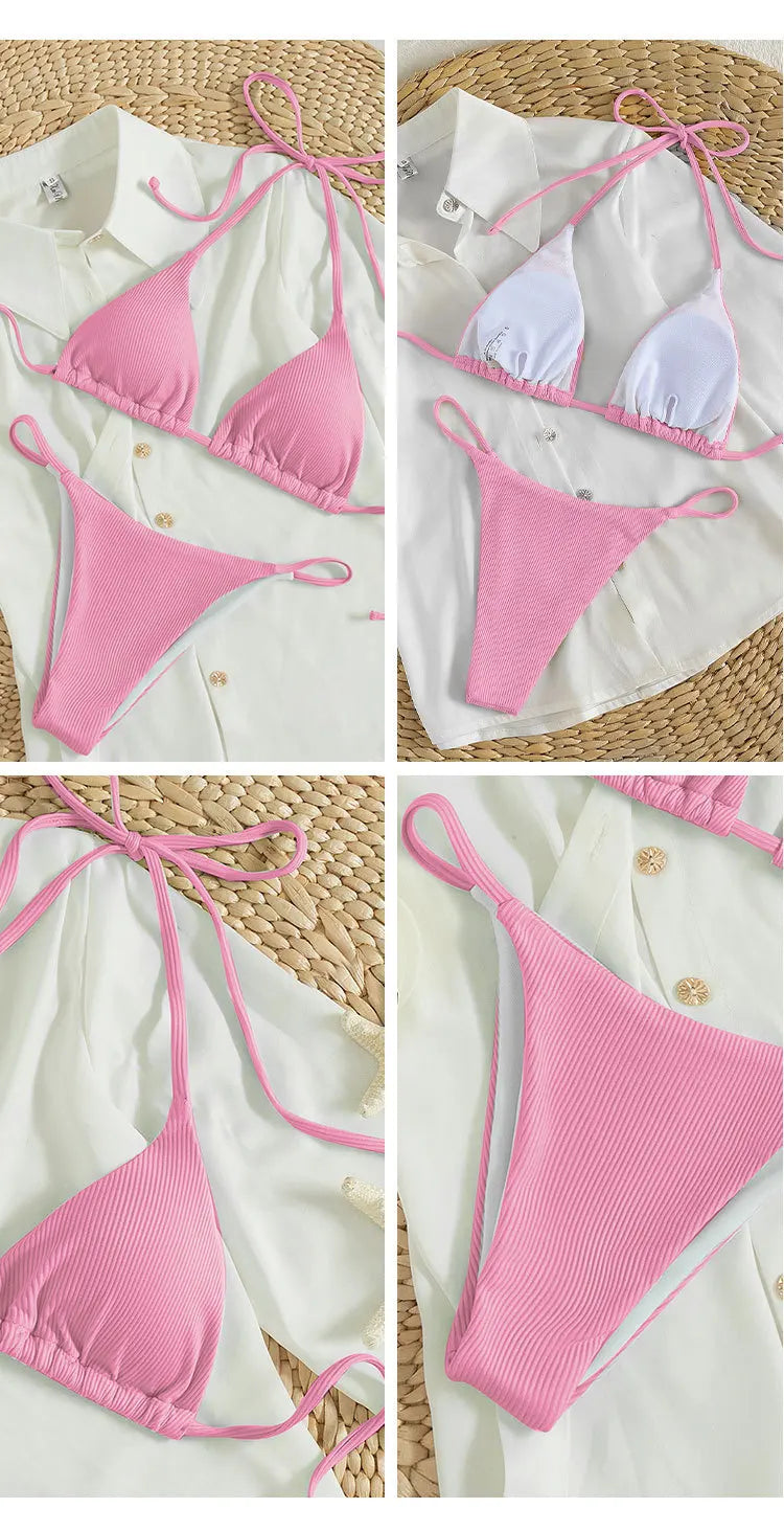 2025 Special Pit Stripe Fabric Bikini Set Women Sexy Simple Solid Halter Bikini Swimsuit High Waisted Lace Up Beach Bathing Suit