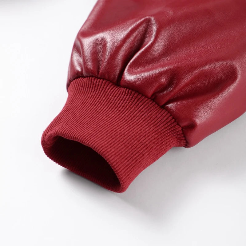 Fashion Green PU Leather Jacket Women Laple Zipper Loose Full Sleeve Single Breasted Cropped Coat 2024 New Lady Solid Streetwear