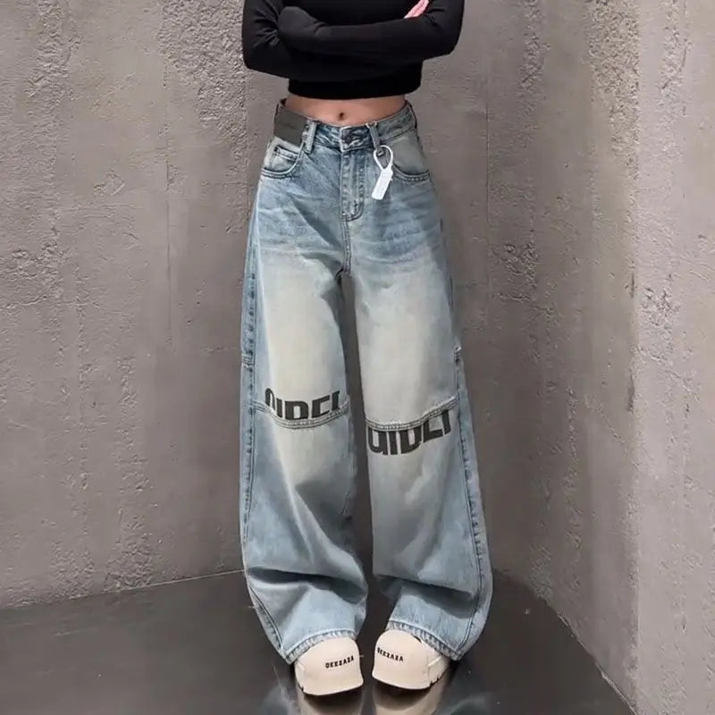 Letter Print High Waited Jeans Woman Street Harajuku Vintage Y2k Pants Women Trousers Casual Wide-leg Baggy Jeans Women