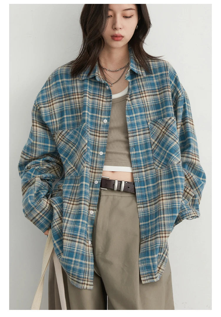 CHIC VEN Women's Cotton Shirt Single Breasted Loose New Retro Color Blocked Grid Female Blouses Autumn Spring 2024