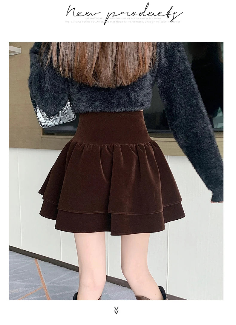 Bla Velvet Cake f Skirt Women's Autumn Winter High Waist A-Line Fluffy ort Skirt Small Size Pleated f Skirt
