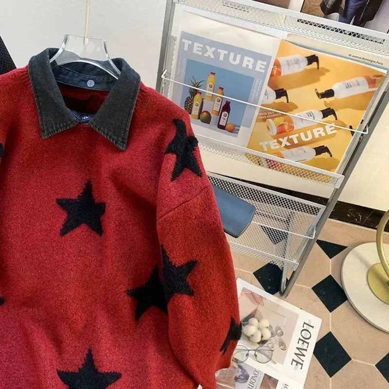 Zoki Star Print Y2K Sweaters Women American Red Patchwork Knitted Jumpers Tops Loose Female Design Turn Down Collar Pullovers