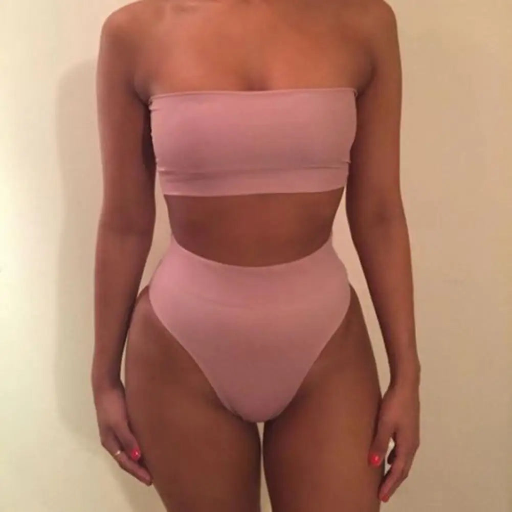 2 Pcs/Set Bikini Set Solid Color Elastic High Waist Strapless Female Bathing Suit Beachwear Summer Lady Swimsuit for Swimming