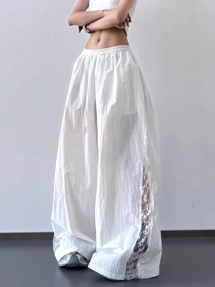 Jmprs Lace Patchwork Wide Leg Pants Women Oversize Streetwear High Waist Vintage Trousers Korean Casual Summer Sweet Retro Pants