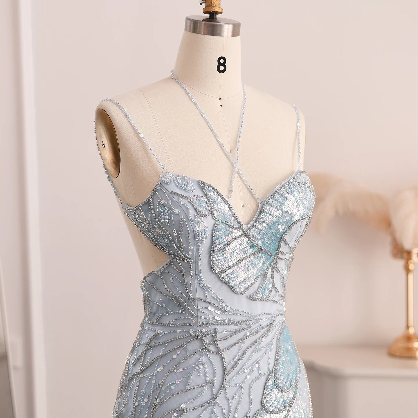 Sharon Said Luxury Mermaid Pink Evening Dresses with Feathers Scarf Straps Dubai Women Blue Wedding Prom Gowns SS478 Customized