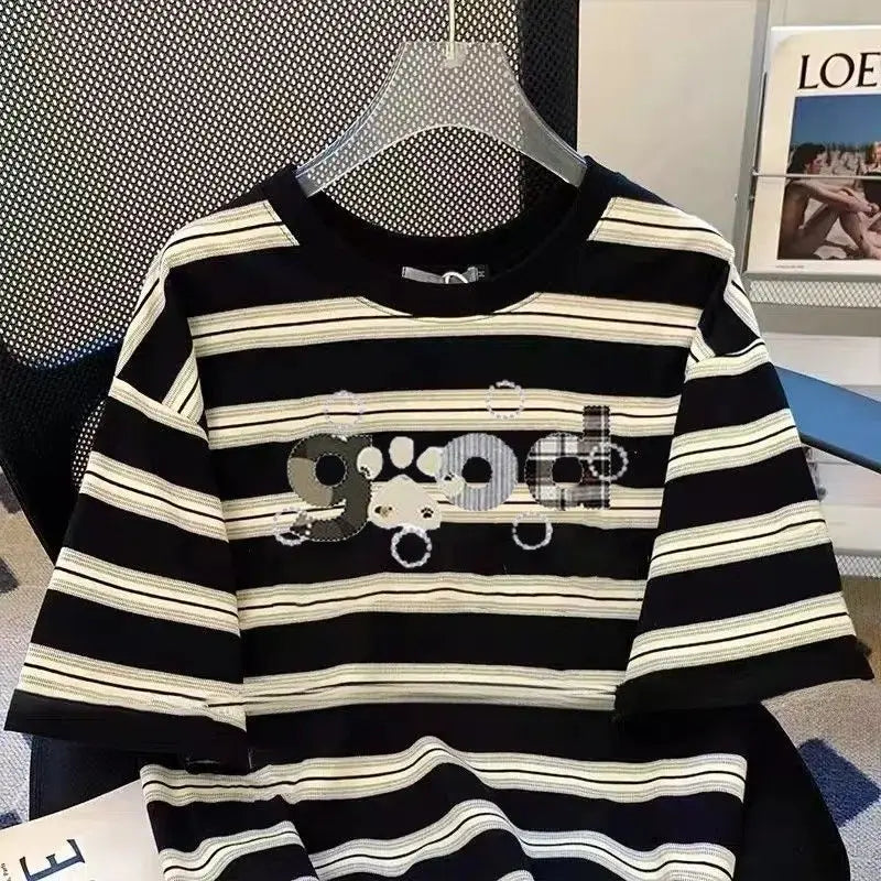 American high street hip-hop men and women trendy personality striped round neck short sleeved couple loose casual T-shirt top