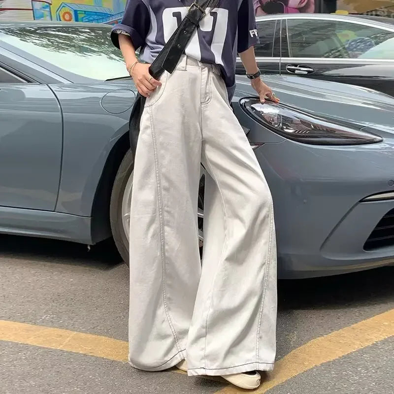 Men's Summer High Waist Straight Leg Jeans Slimming Loose Wide Leg Pants Retro Knife Edge Design Casual Fashion