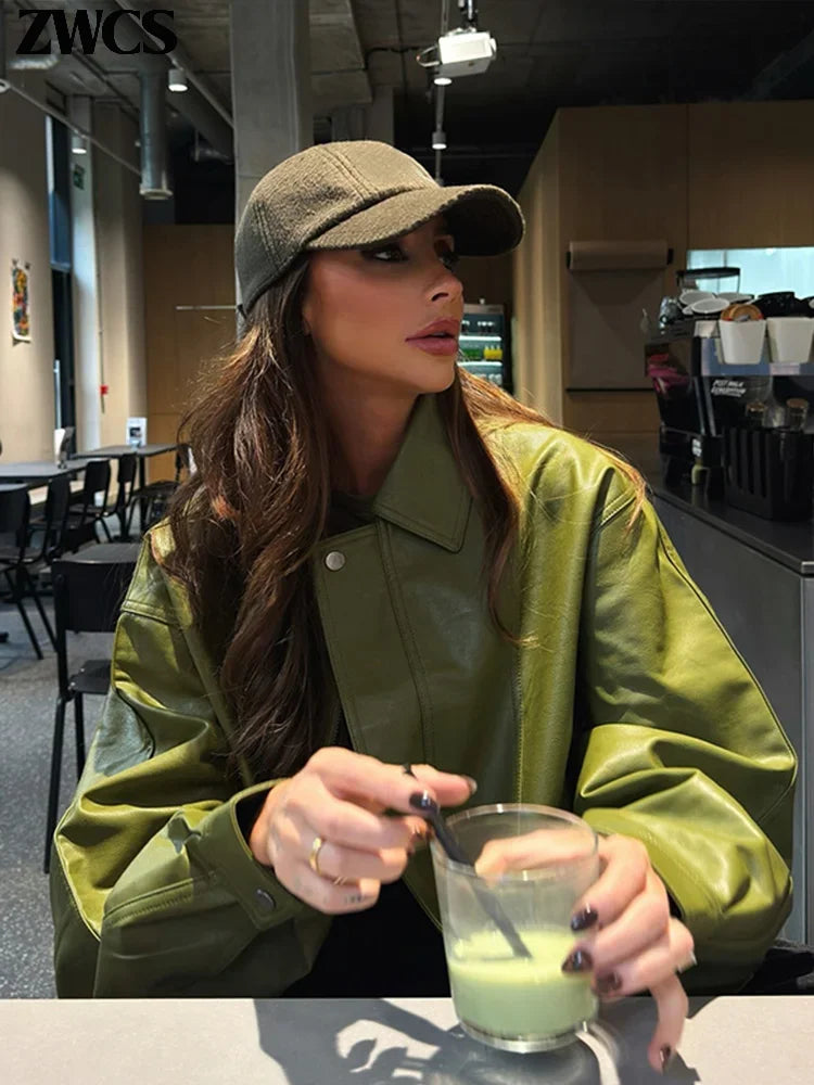 Fashion Green PU Leather Jacket Women Laple Zipper Loose Full Sleeve Single Breasted Cropped Coat 2024 New Lady Solid Streetwear