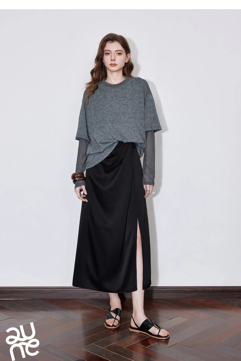 TOYOUTH Women T shirt 2025 Spring New Fake Two Piece Printed Round Neck Fashionable Pullover T shirt