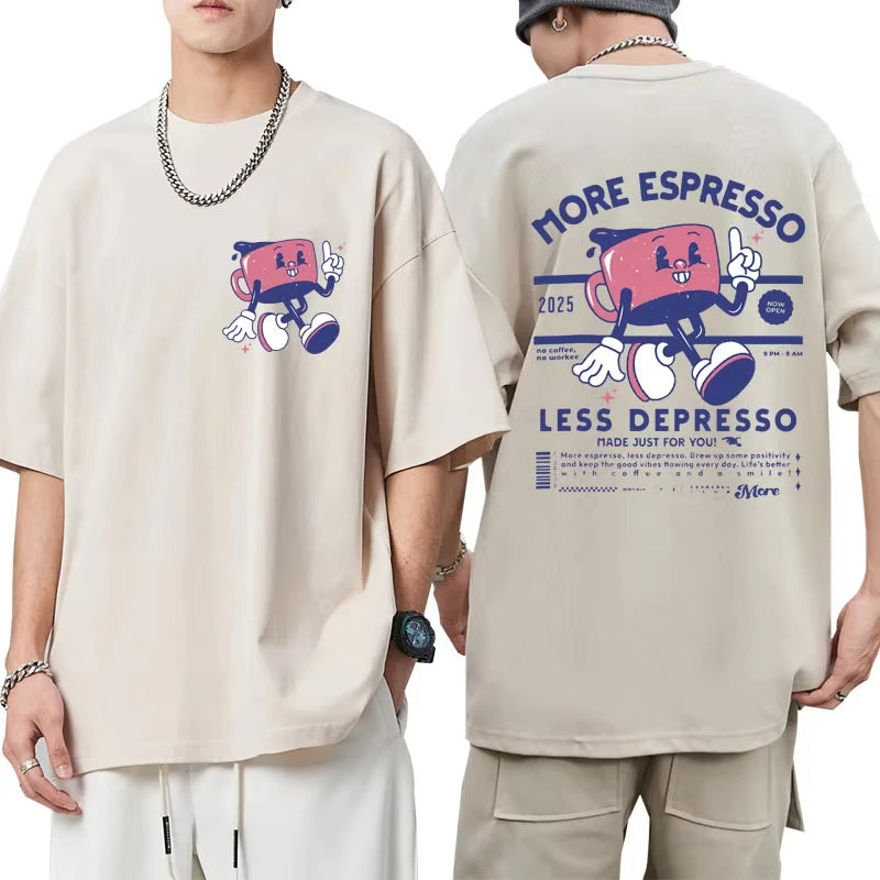 More Espresso Less Depresso Fashion T Shirts Men Women Funny Cartoon Coffee Meme T-shirt Oversized Cotton Y2K Short Sleeve Gifts
