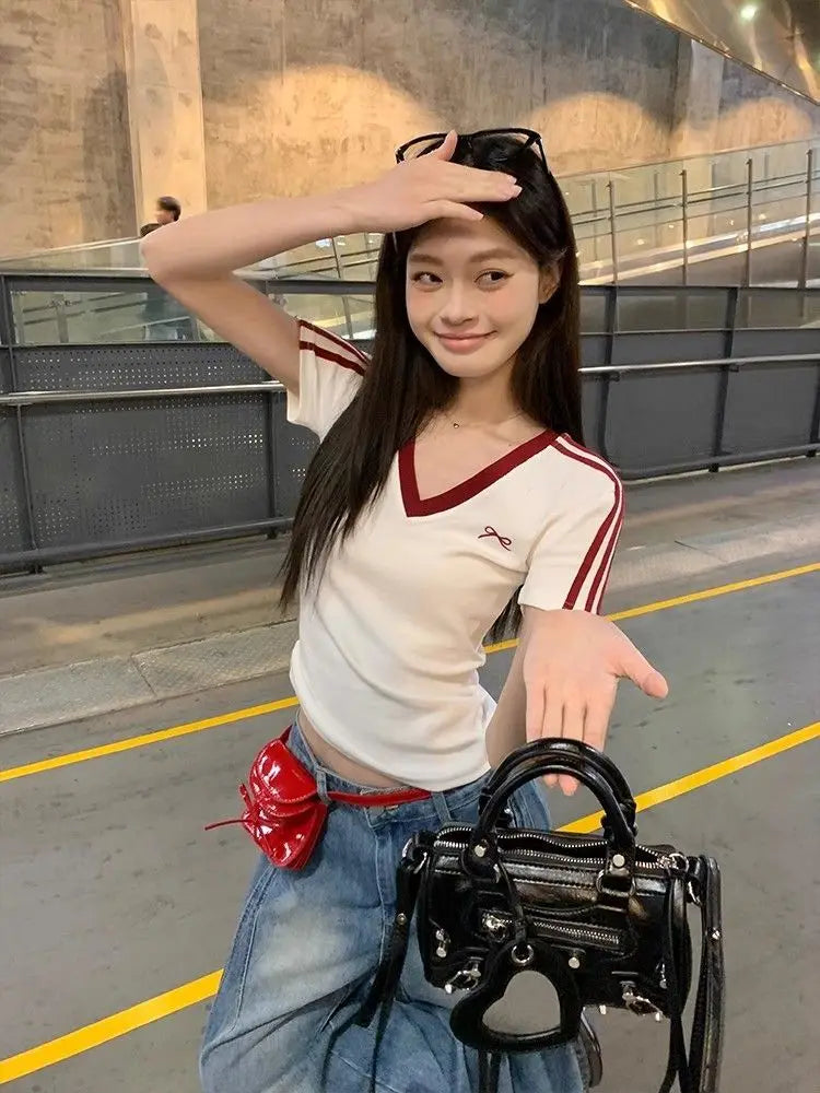 Women Clothing Summer Fashion Casual Striped Color Blocking V-neck Ladies Ladies Simplicity All-match Appear Thin Short Sleeve