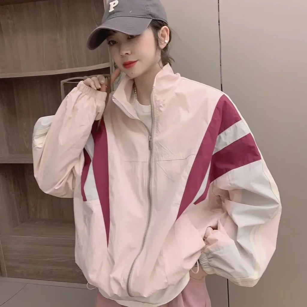 Patchwork Stand Collar High Street Y2k Bomber Outerwear Contrast Color Casual Loose Zipper Summer Jackets Women Baseball Coats